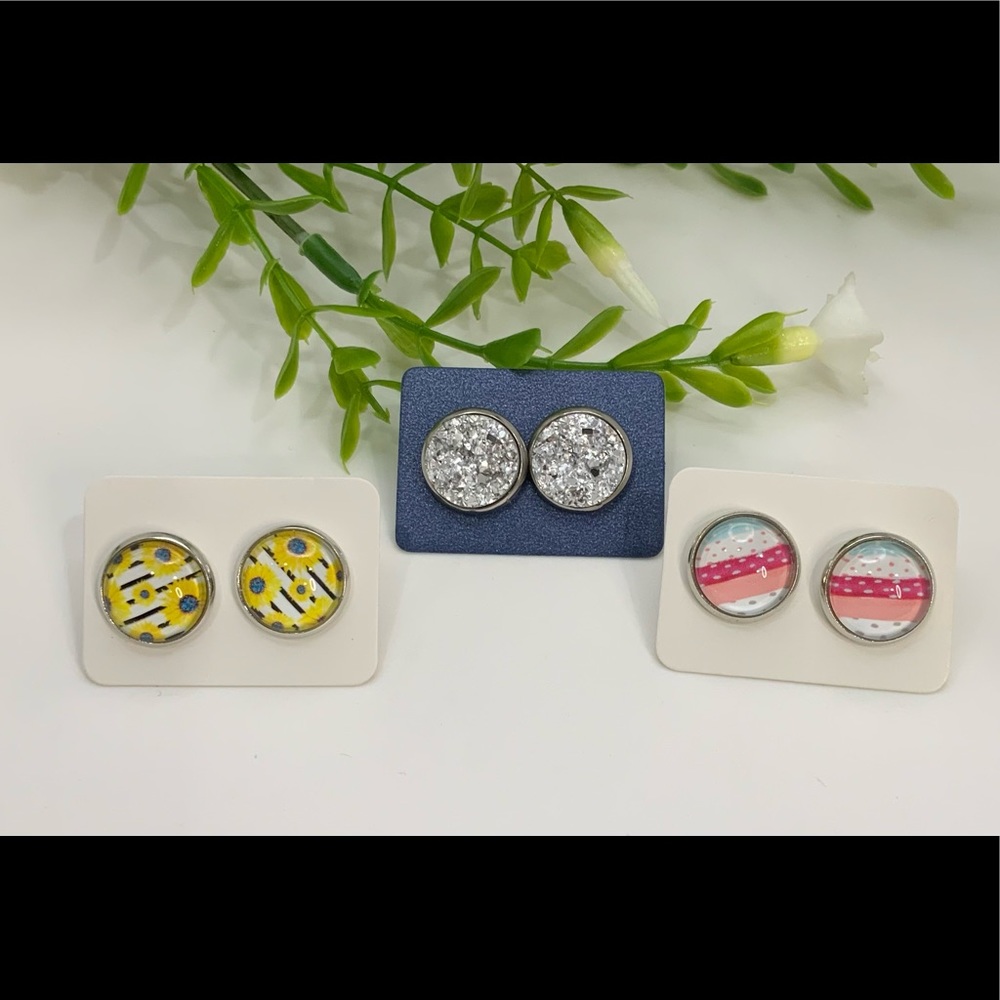 Stud earrings set of 3 pair Cabochon faux druzy‎